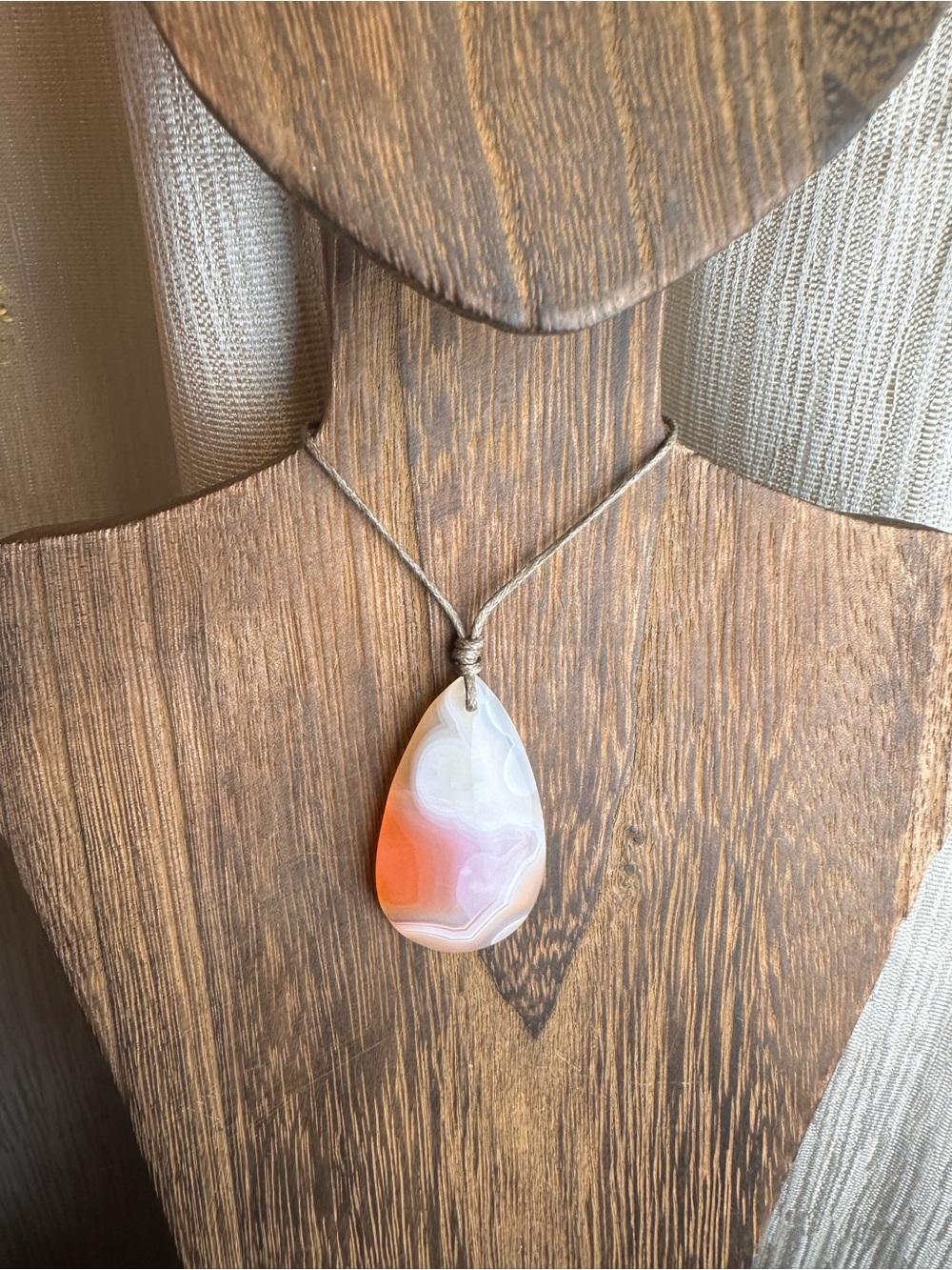 Coral Agate Teardrop Pendant Necklace on Thin Simple Tan Rope - Picture 7 of 14